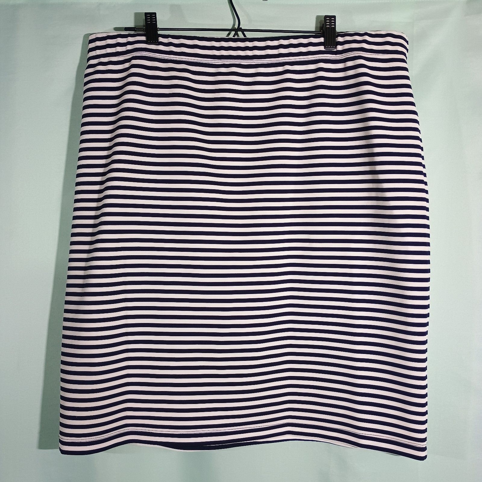 Navy White Striped Skirt Women Pull On Elastic Waist Casual Knee Length